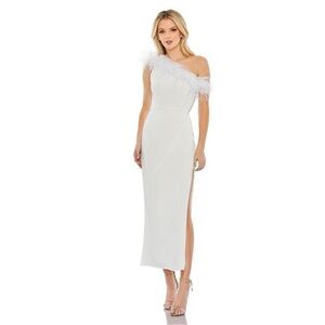 Mac Duggal NWT White Feather Trim One Shoulder Draped Midi Dress 2 Bridal Gown